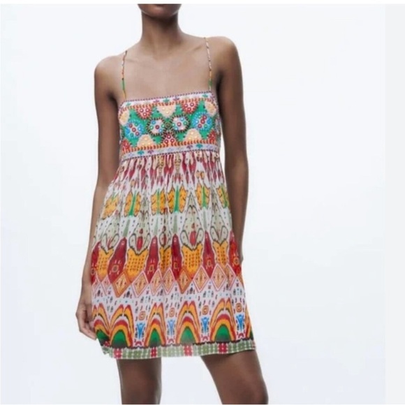 Zara strappy embroidered multi Colorful Bohemian Summer mini  Dress NEW - Picture 2 of 11